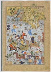 Banditák megtámadják Aynie és Ria karavánját, illusztráció Dzsámi Haft awrang (Hét trón) című művéből, szafavida időszak, 1556-65 (wc, tinta és arany, papír).